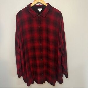 J Jill Women's Plus Sz 3X Buffalo Plaid Button Up Tunic Red Black Rayon Pockets